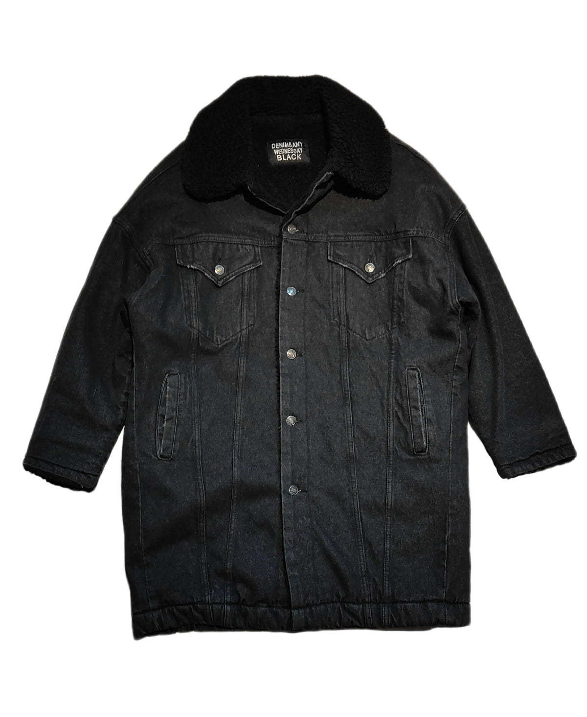 Denim & Any Wednesday Black Shearling-Collar Denim Coat — Size 18