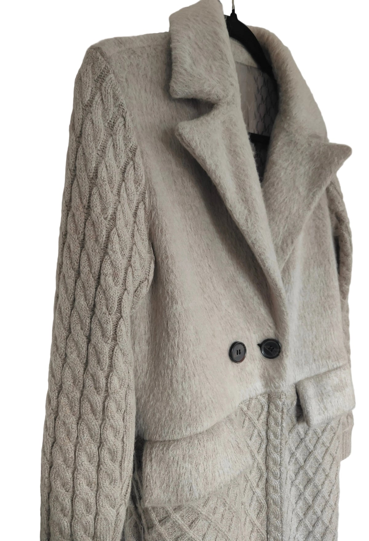 Max Mara Mixed-Texture Cable Knit & Bouclé Longline Coat — Oat / Ecru — Size S