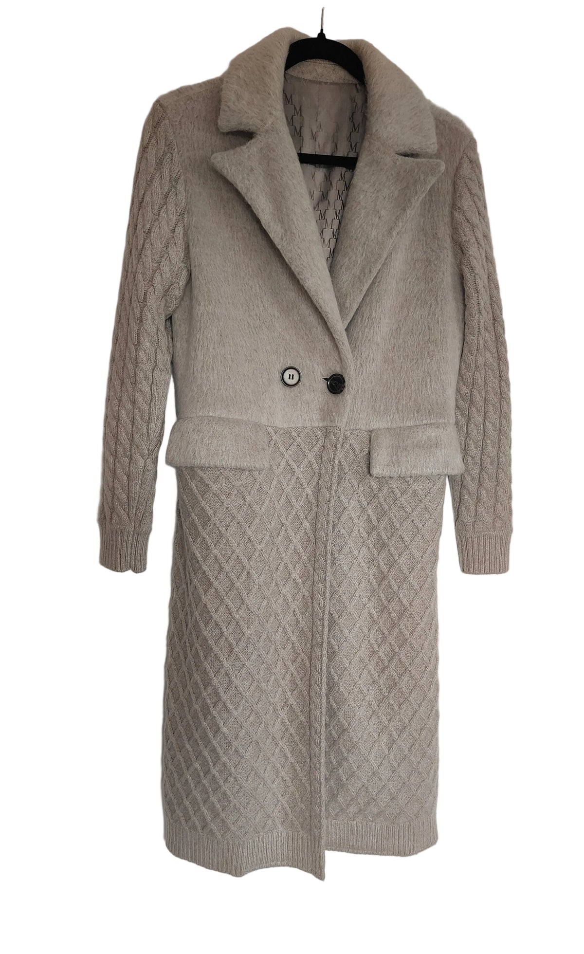 Max Mara Mixed-Texture Cable Knit & Bouclé Longline Coat — Oat / Ecru — Size S