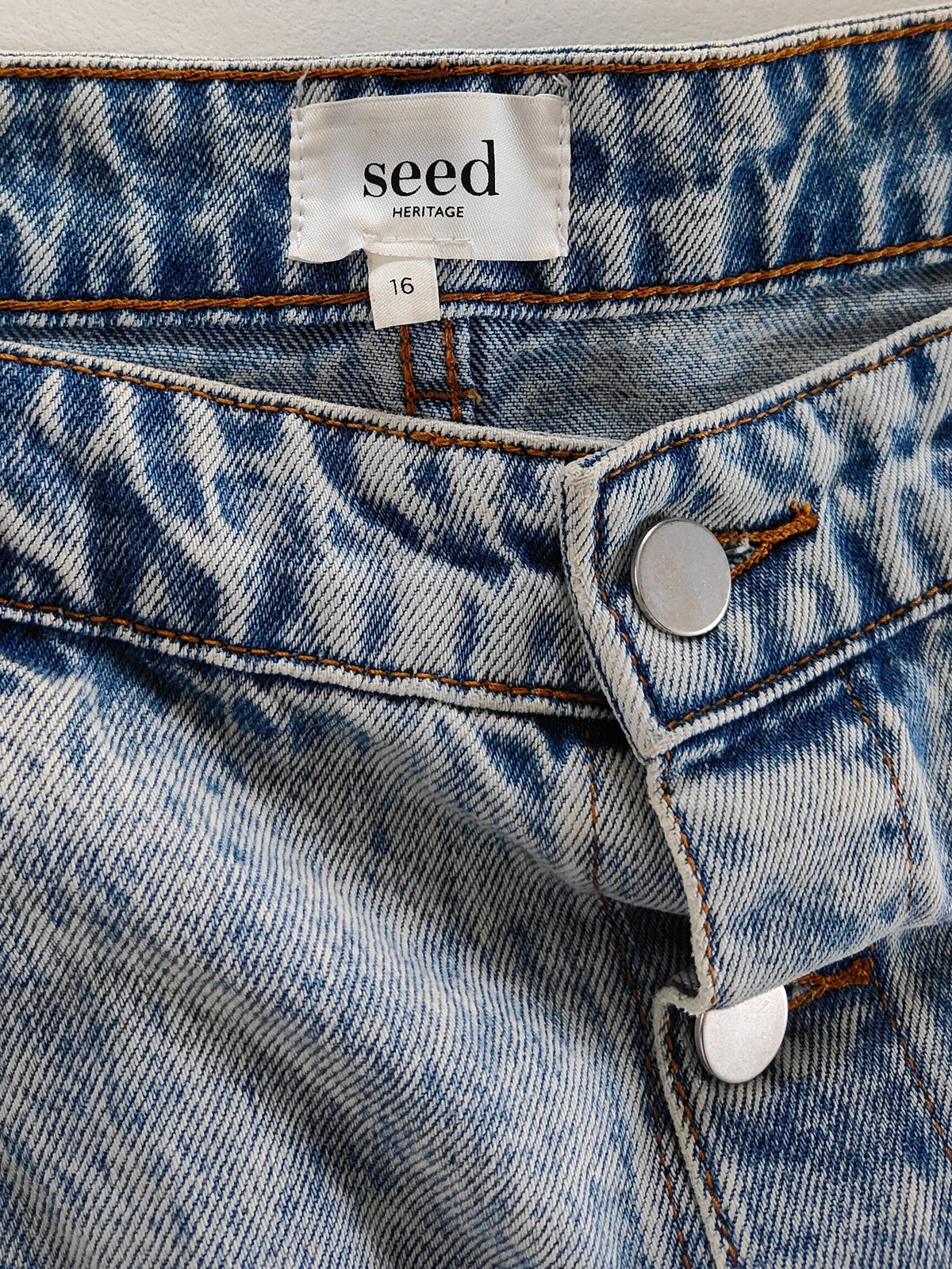 Seed Heritage Acid Wash Button-Front Denim Midi Skirt — Size 16