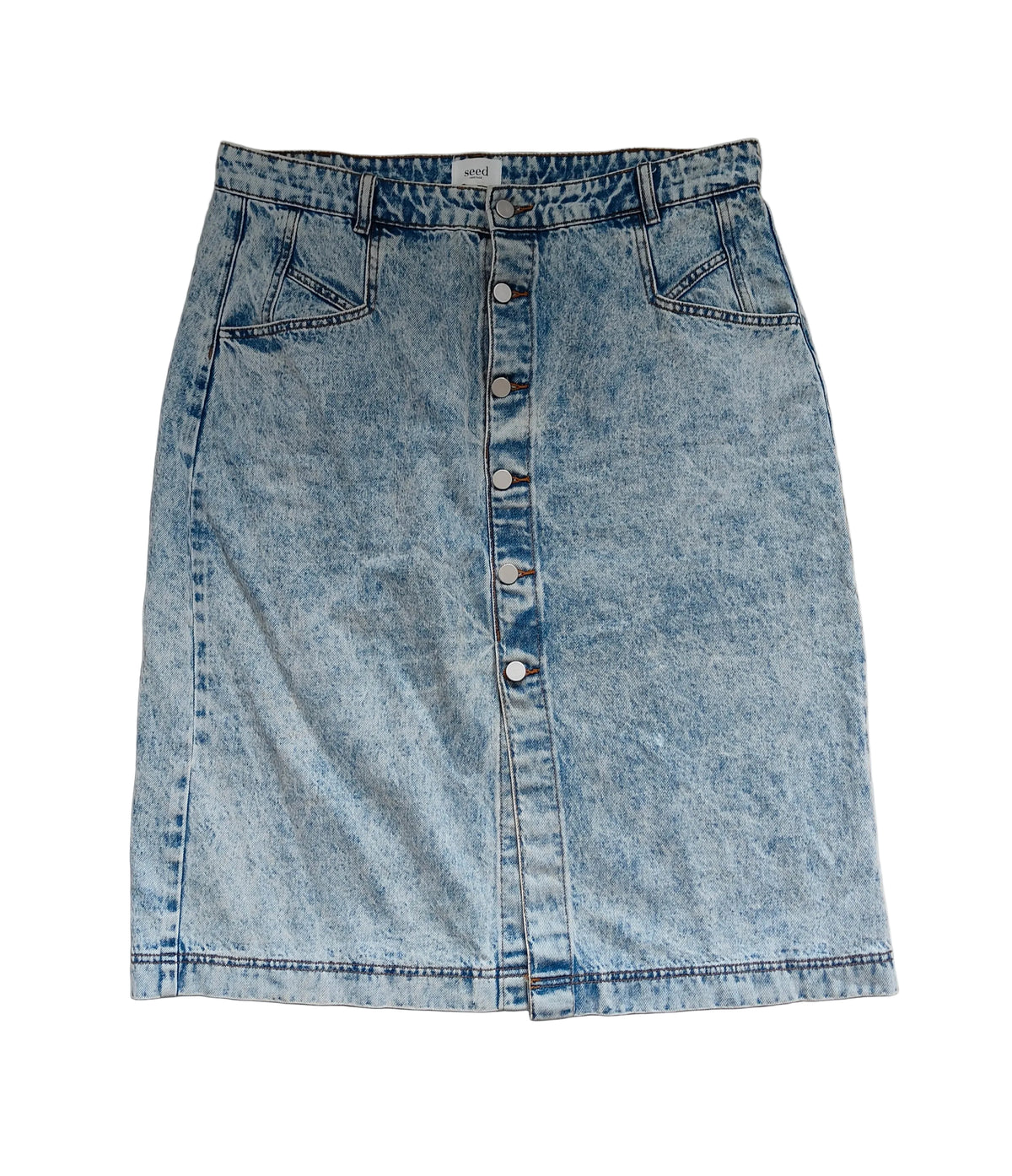 Seed Heritage Acid Wash Button-Front Denim Midi Skirt — Size 16