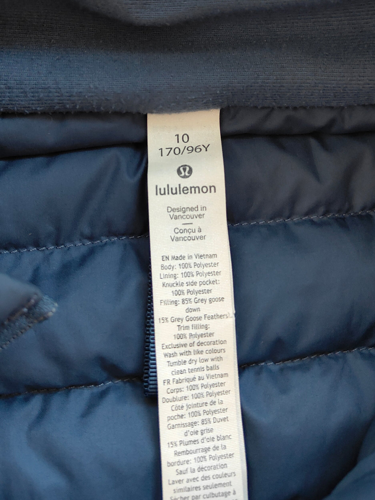 Lululemon Down Puffer Jacket with Removable Hood — Navy, Size 10 ( NZ 14 )