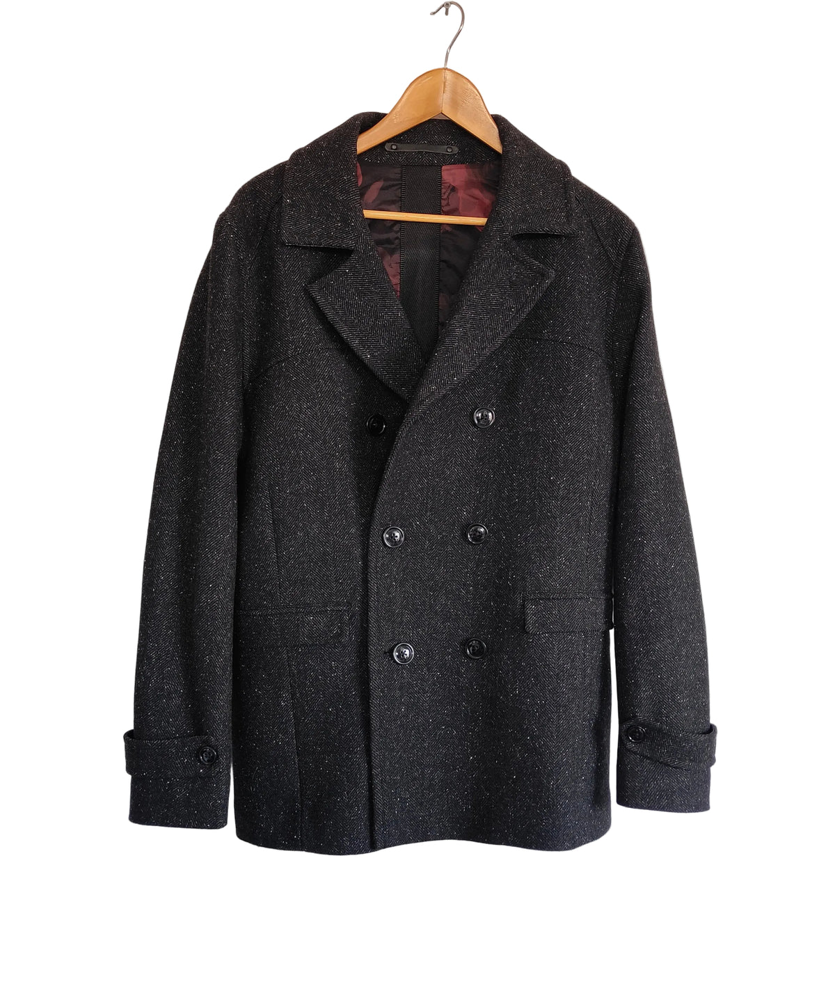 Barkers Double-Breasted Herringbone Wool-Blend Pea Coat — Charcoal Size M