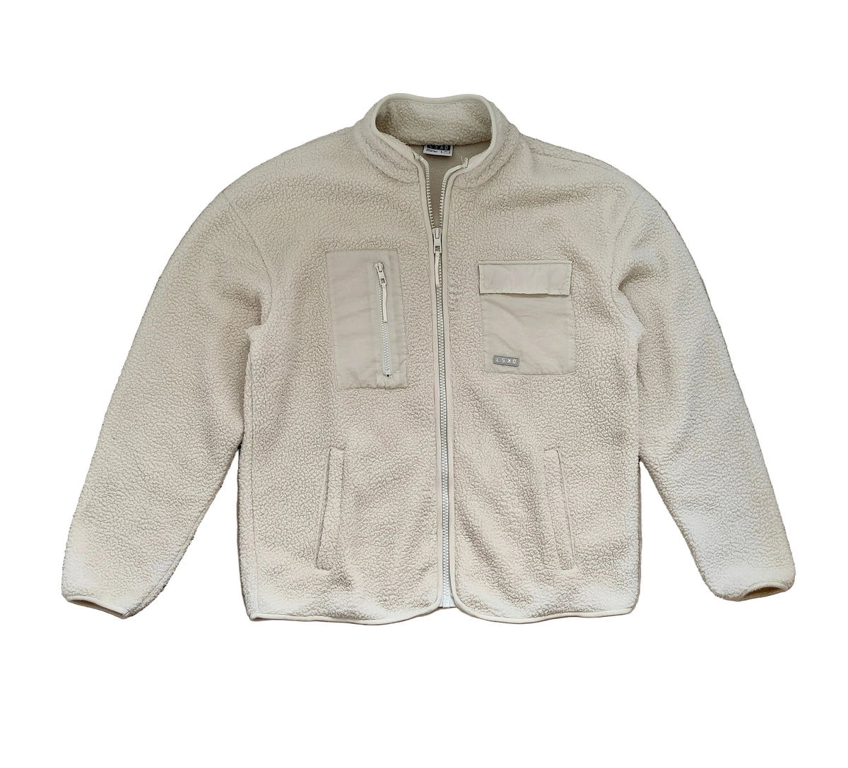LSKD Bone sherpa fleece full-zip jacket laid flat, front view