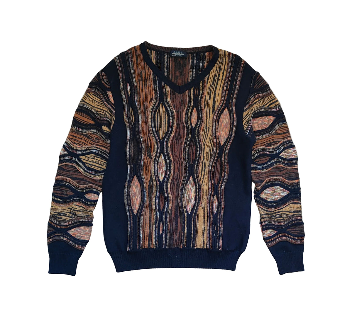 Montechiaro Made in Italy 3D Knit Sweater — Earth Tone Wood-Grain — Coogi-Style