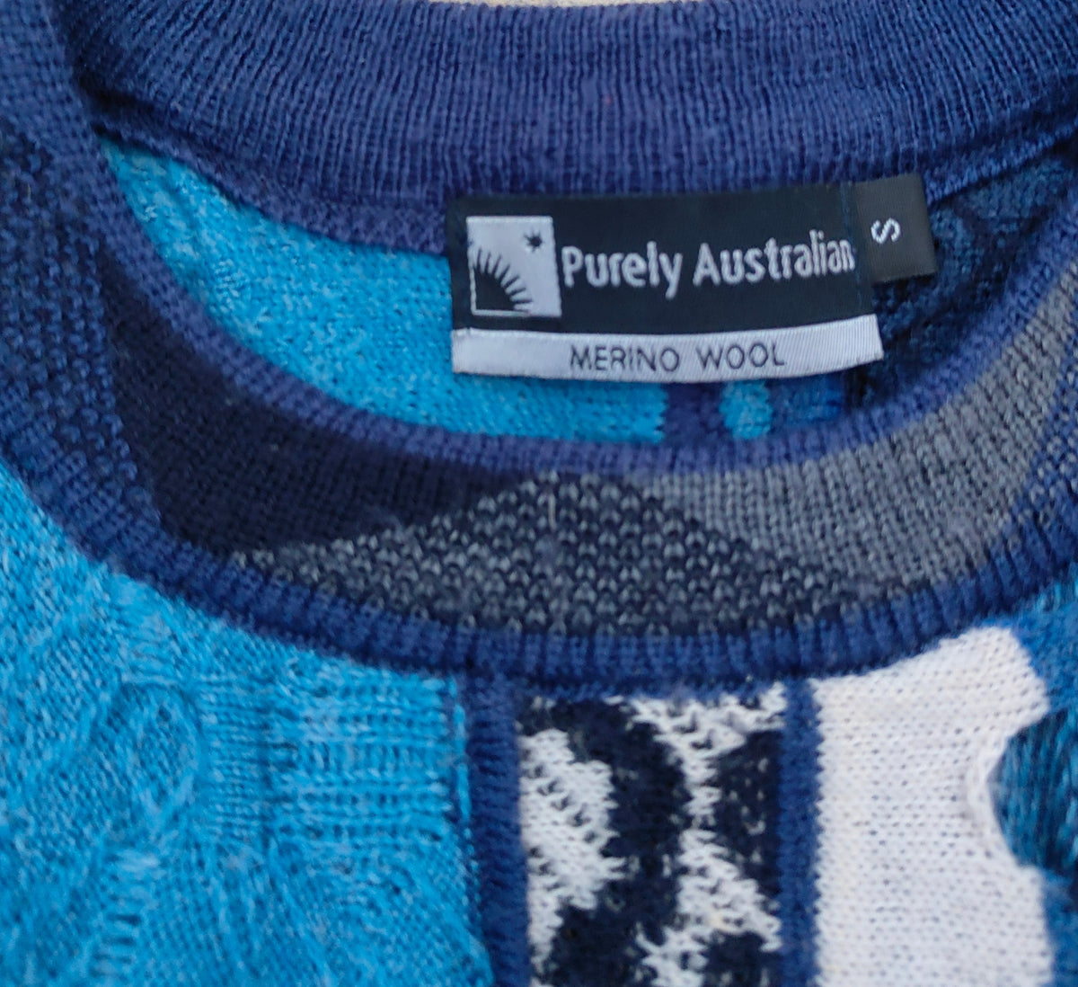 Purely Australian Merino Wool Coogi-Style 3D Knit Sweater — Size S — Blue Multicolour