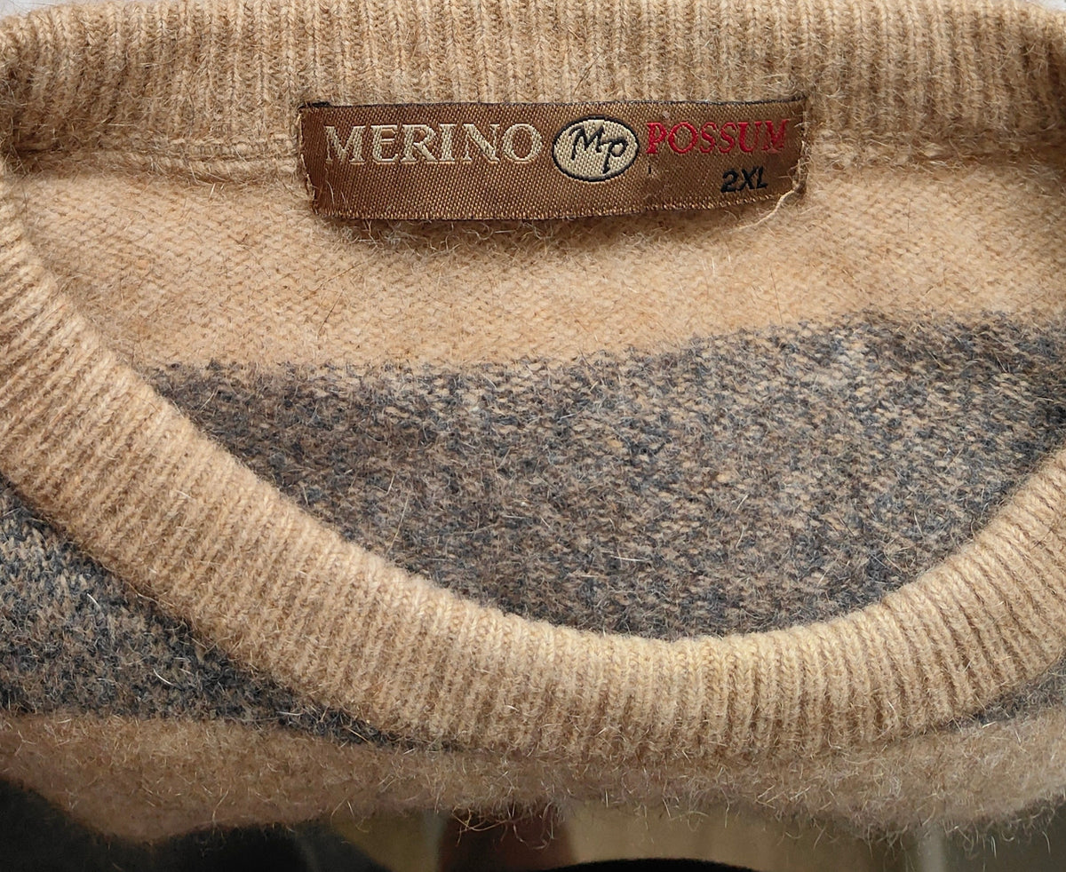 Merino Possum Crew Neck Sweater – Oat & Grey Stripe – Men’s 2XL –