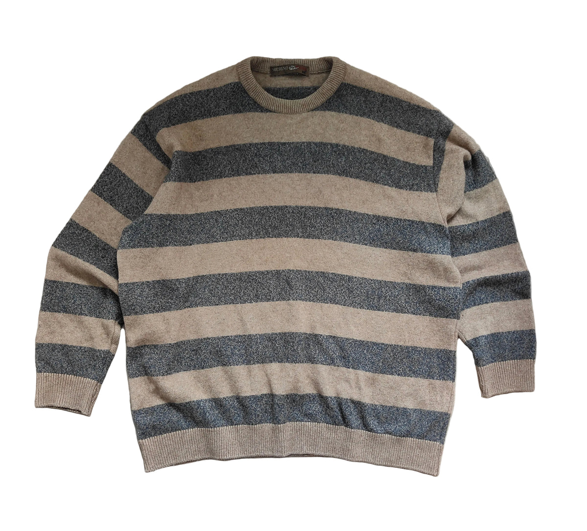 Merino Possum Crew Neck Sweater – Oat & Grey Stripe – Men’s 2XL –