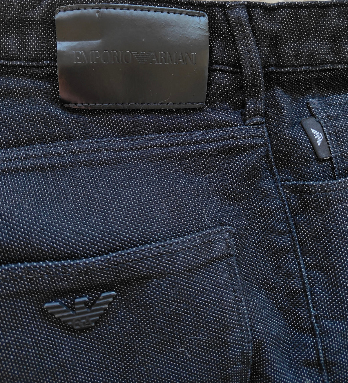 Emporio Armani Slim-Fit Trousers — Black Micro-Dot | Size 34