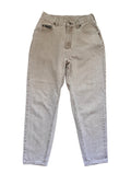 Close-up of Lee branded button and waistband on pale grey-taupe jeans